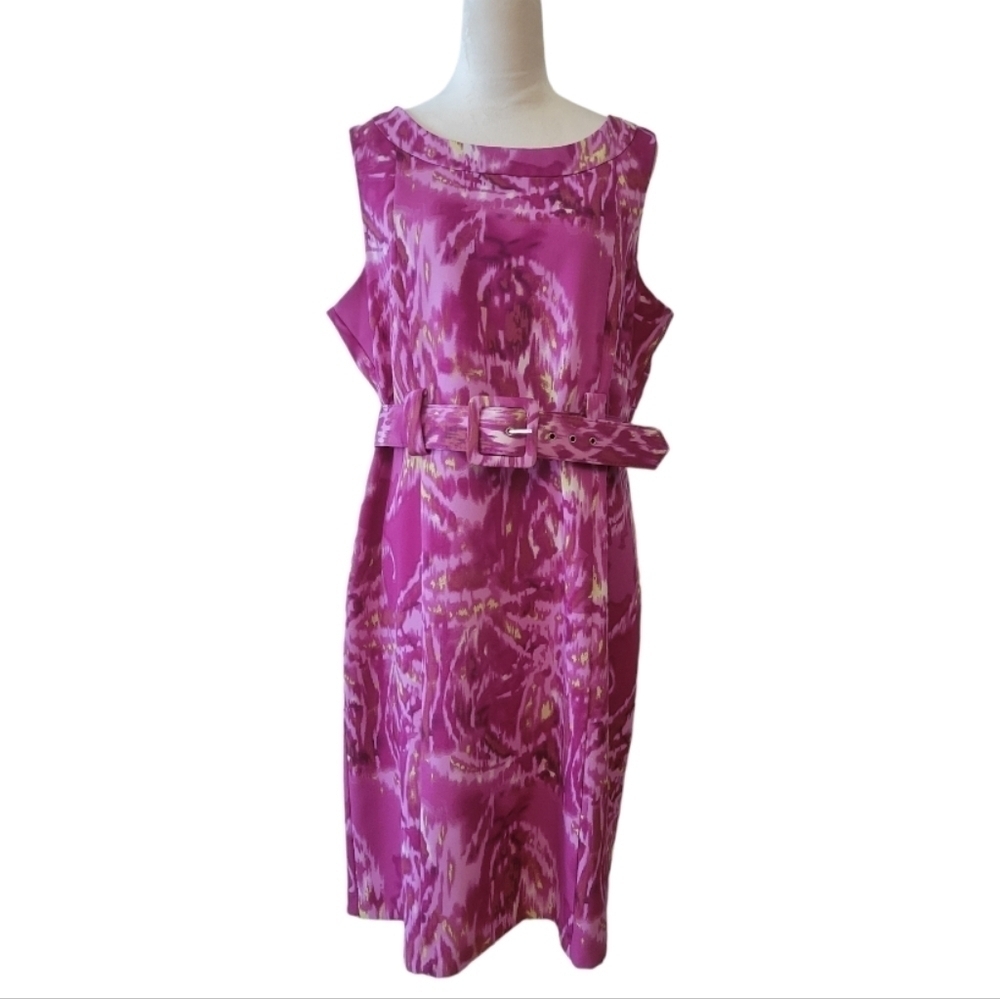 Voir Voir Pink Watercolor Belted Tailored Sheath Dress Size 16